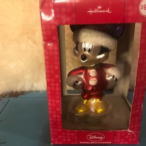 Hallmark Disney Mickey Mouse Blown Glass Holiday Ornament in Box  5”